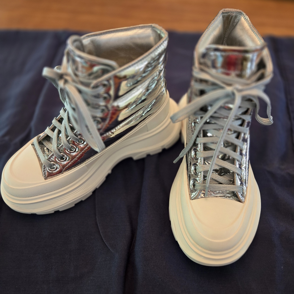 Alexander McQueen Silver and White Lace Up Boots